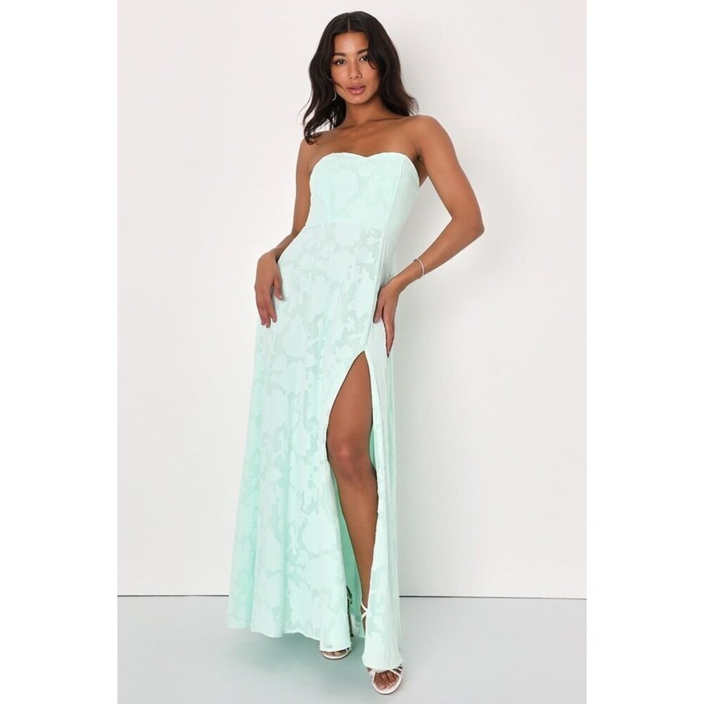 Lulus Garden Of Romance Mint Green Floral Burnout Strapless Maxi Dress - Size S